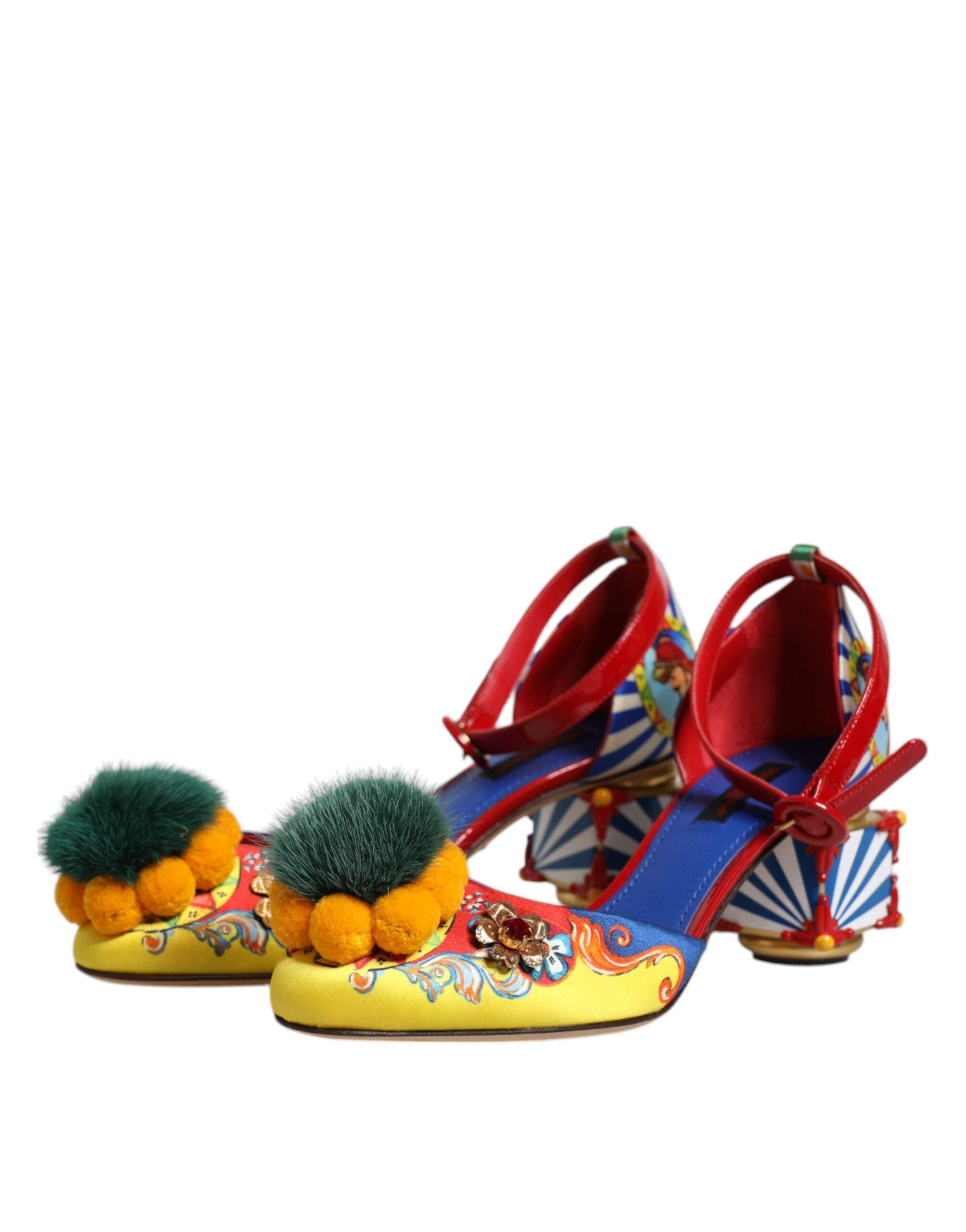 Dolce & Gabbana Multicolor Carretto Crystal Fur Sandals Shoes