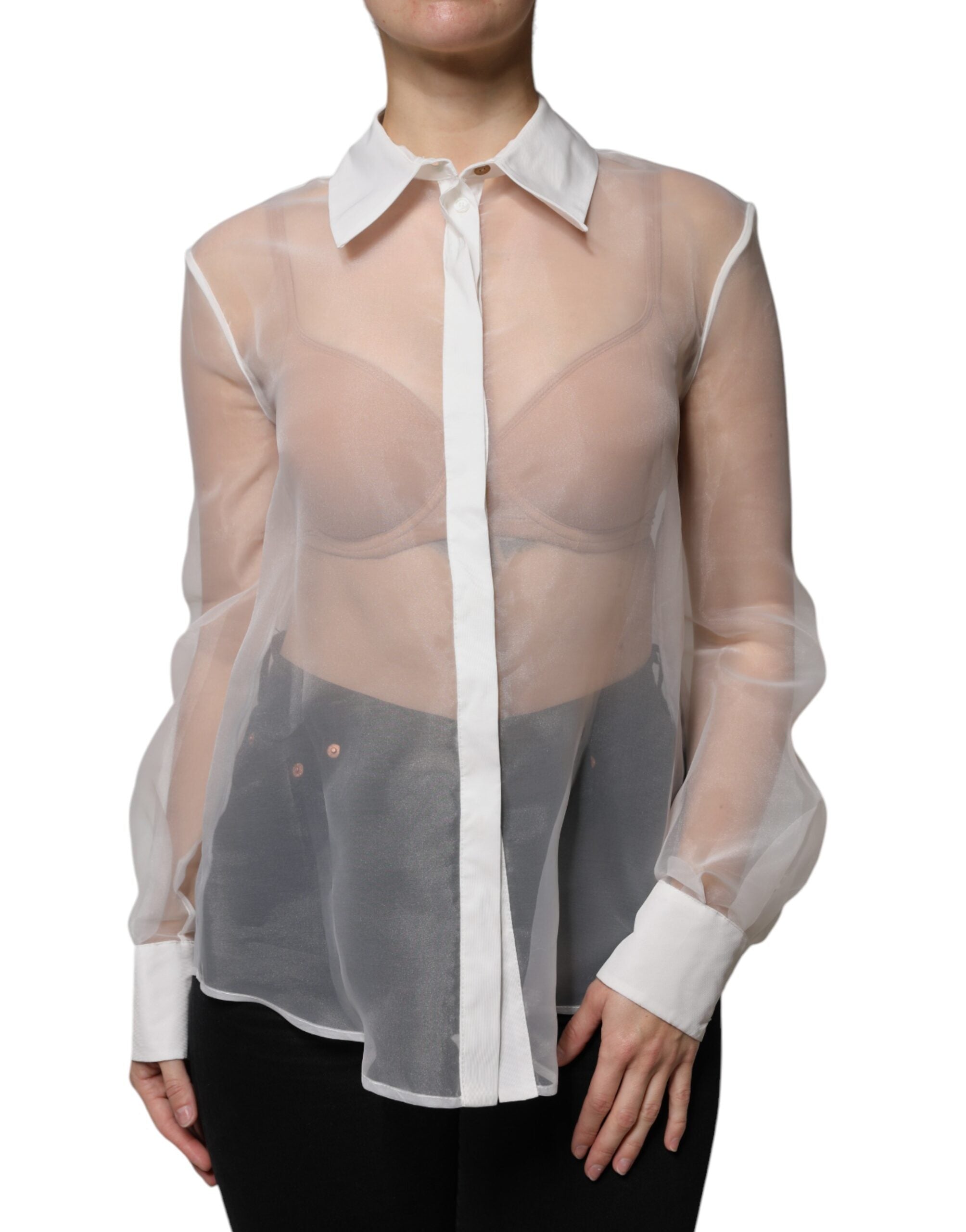 Elisabetta Franchi White Sheer Collared Buttoned Long Sleeves Top