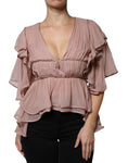 Bild in Galerie-Betrachter laden, Alberta Ferretti Brown Silk Short Sleeves V-neck Pleated Top
