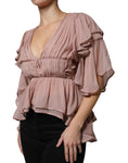 Bild in Galerie-Betrachter laden, Alberta Ferretti Brown Silk Short Sleeves V-neck Pleated Top
