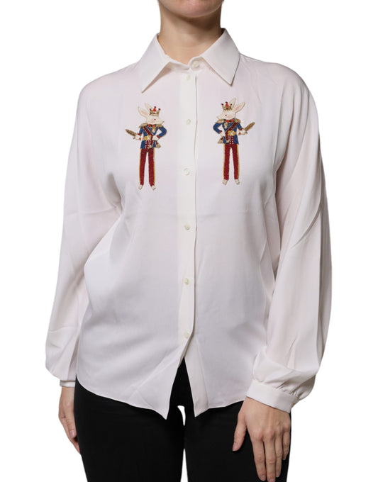 Dolce & Gabbana White Rabbit Patch Silk Collared Blouse Top