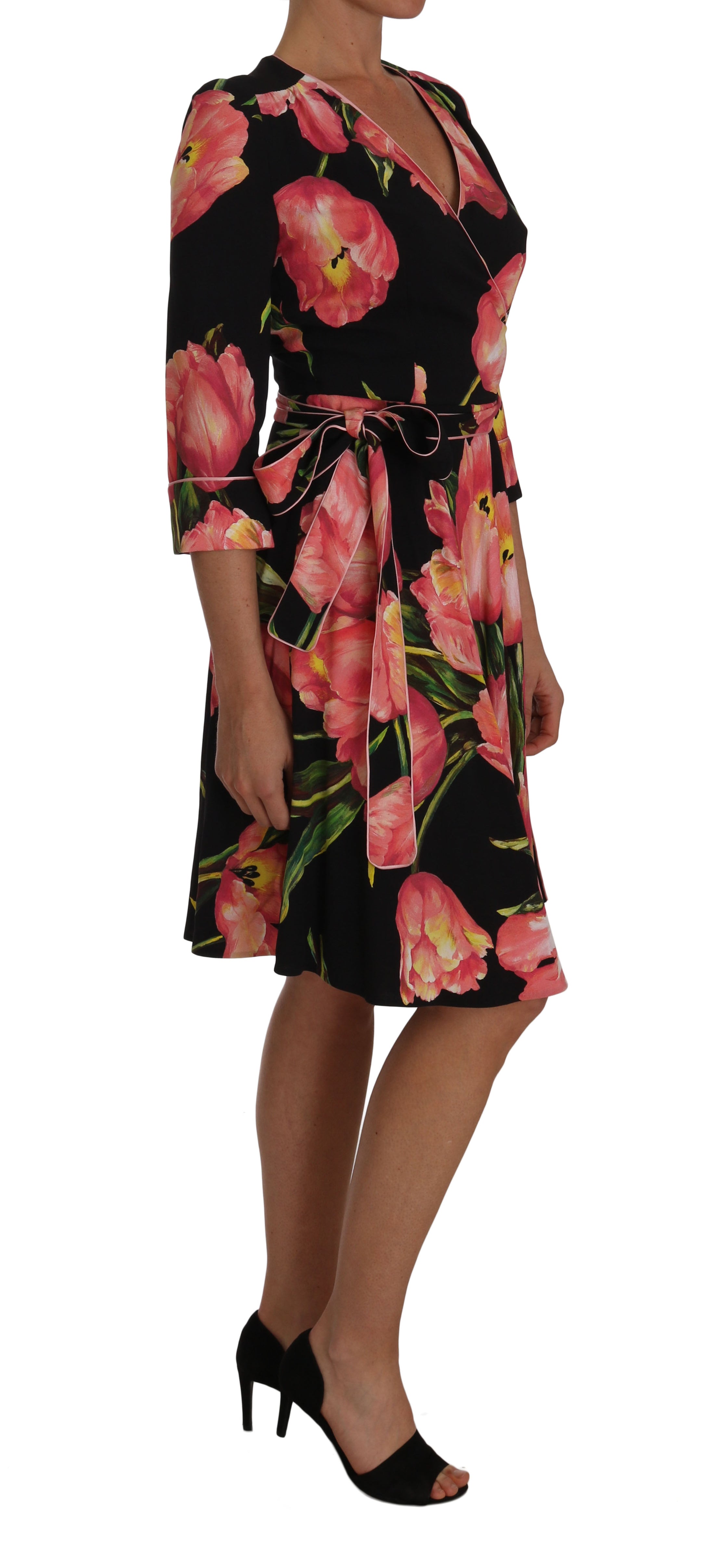 Dolce &amp; Gabbana Elegant black sheath dress with pink tulip print