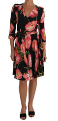 Load image into Gallery viewer, Dolce & Gabbana Elegant black sheath dress with pink tulip print
