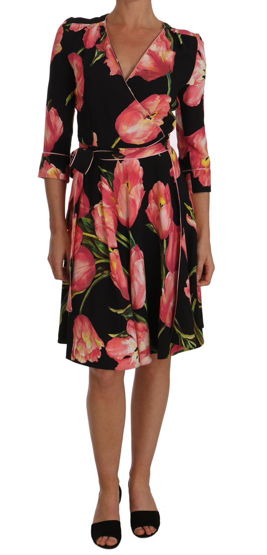 Dolce &amp; Gabbana Elegant black sheath dress with pink tulip print