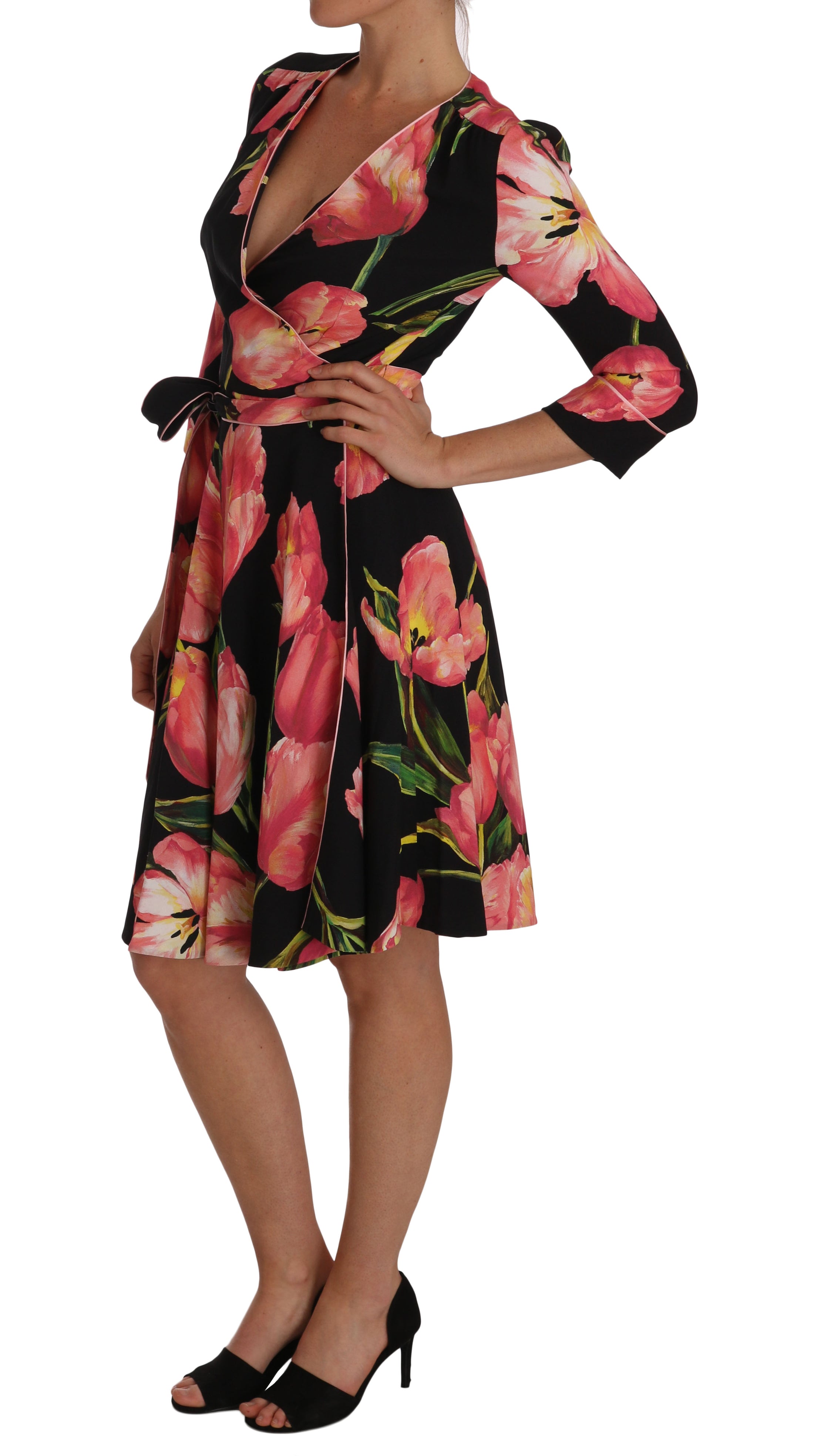 Dolce &amp; Gabbana Elegant black sheath dress with pink tulip print