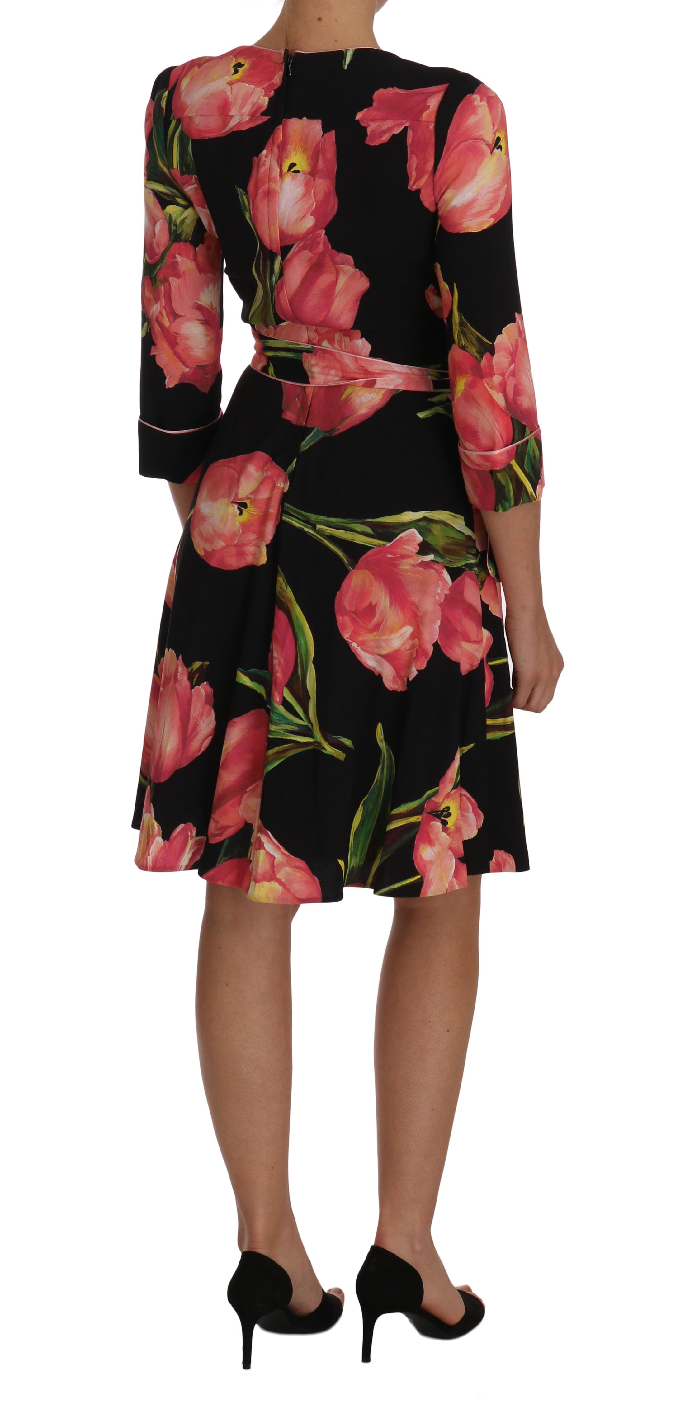 Dolce &amp; Gabbana Elegant black sheath dress with pink tulip print