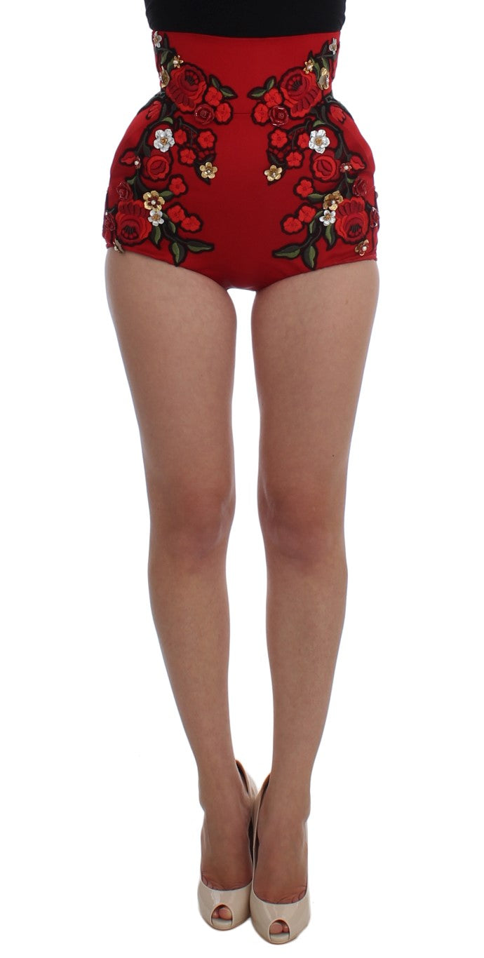 Dolce & Gabbana Glamouröse Shorts mit floraler Seidenstickerei in Rot