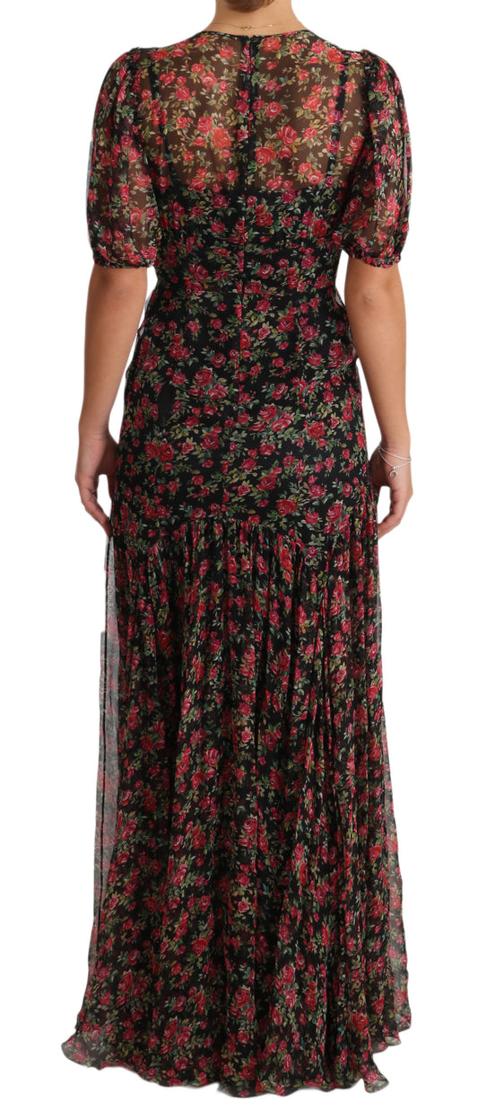 Dolce &amp; Gabbana Elegant Black Silk Floral A-Line Dress