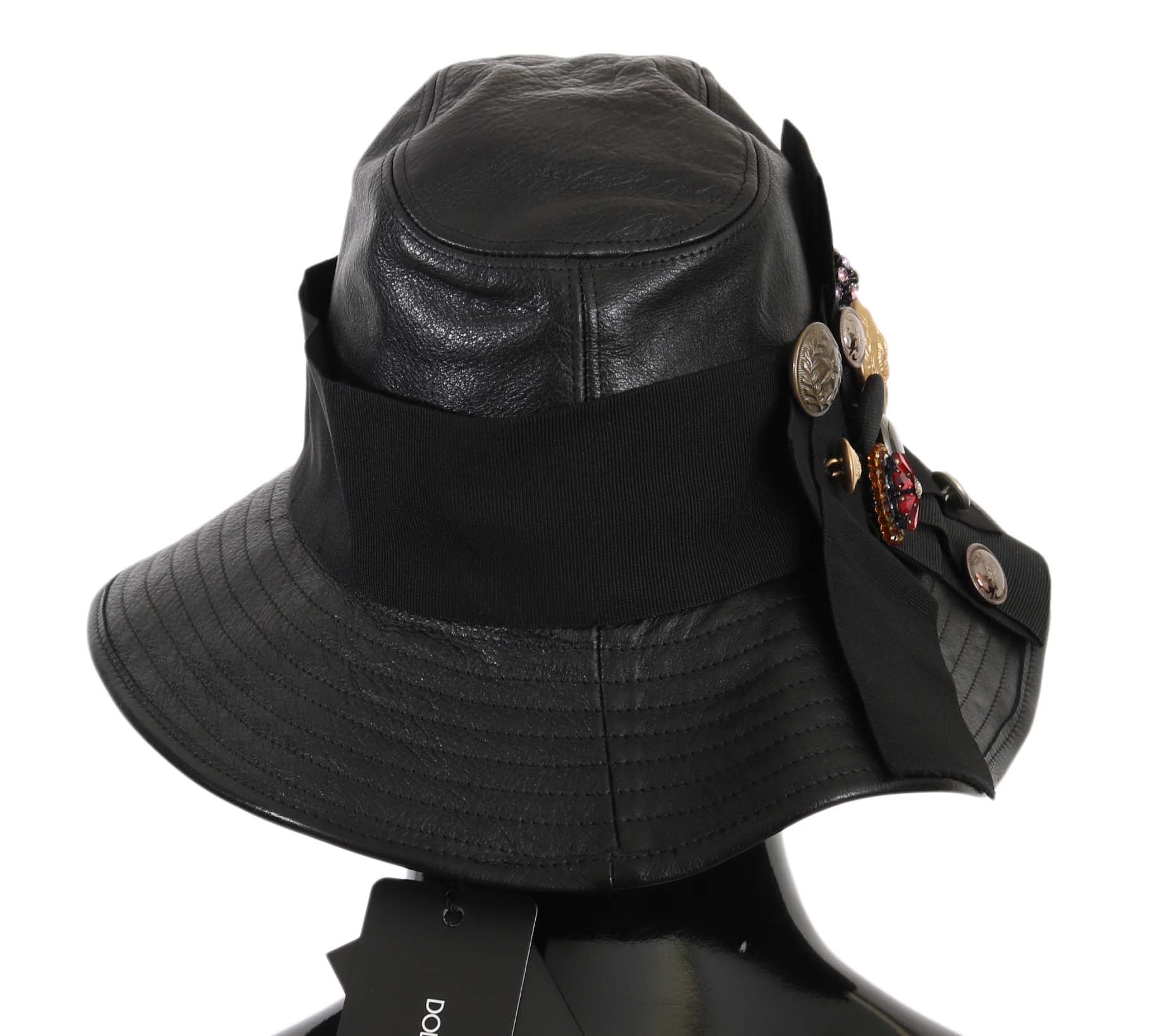 Dolce & Gabbana Elegante Cloche-Mütze aus schwarzem Leder