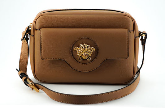 Versace Elegant Brown Leather Camera Bag Shoulder Bag