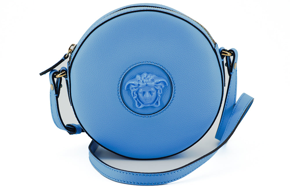 Versace Chic round shoulder bag in blue leather